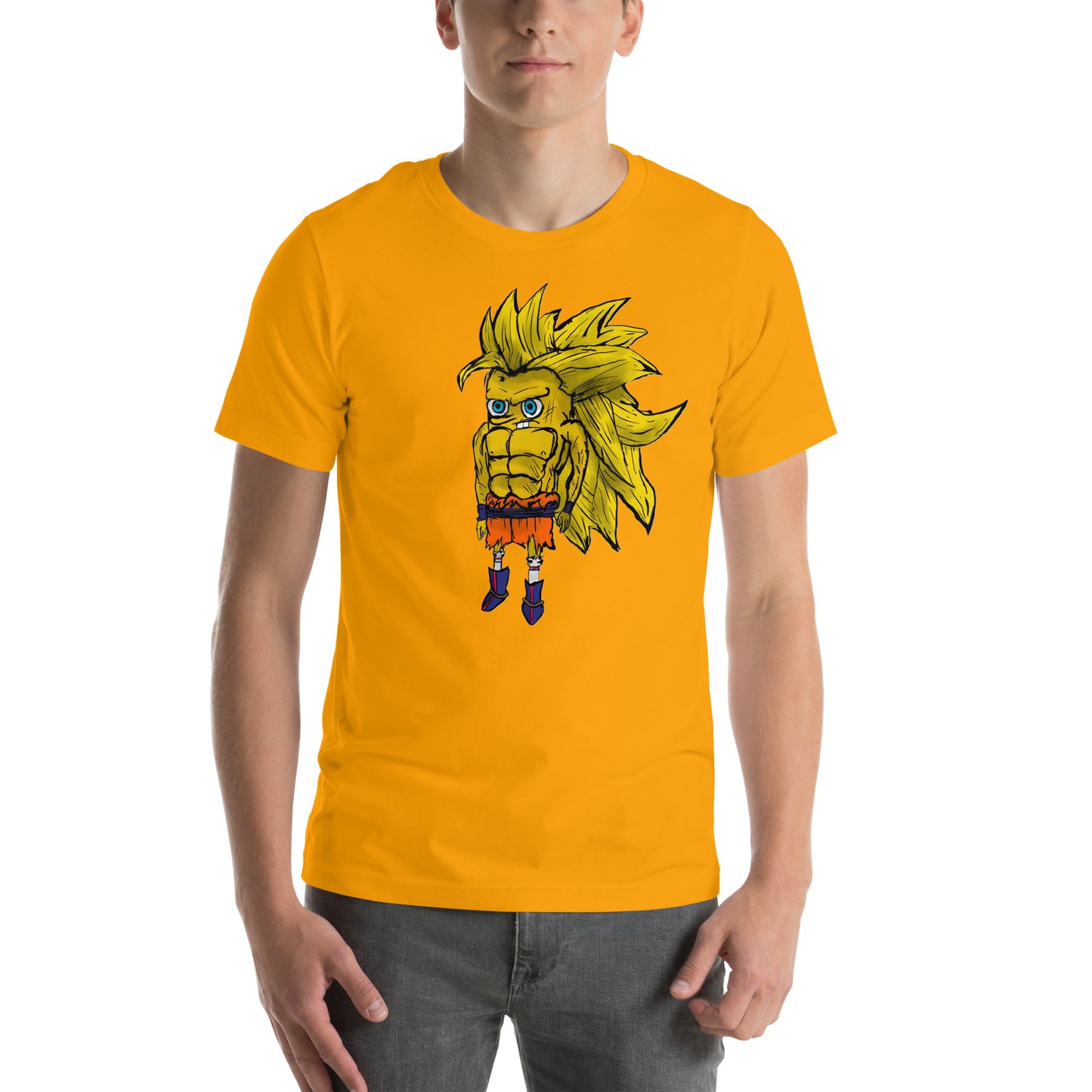 Camiseta Fuxión de una fusión entre los personajes de dibujos Son Goku y el divertido Bob Esponja para hombre y mujer