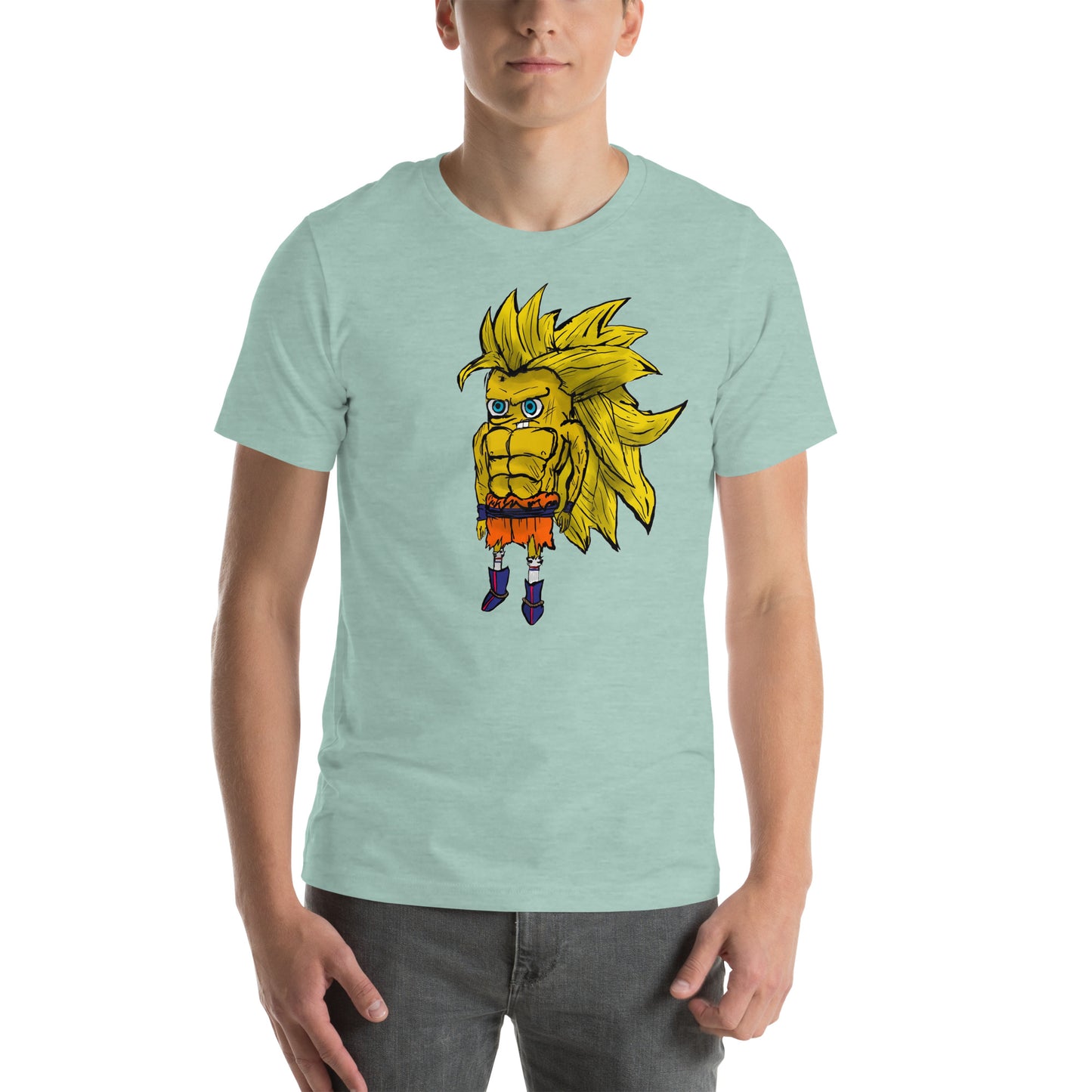 Camiseta Fuxión de una fusión entre los personajes de dibujos Son Goku y el divertido Bob Esponja para hombre y mujer 