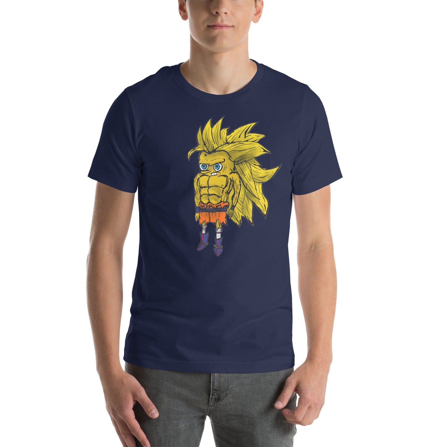 Camiseta Fuxión de una fusión entre los personajes de dibujos Son Goku y el divertido Bob Esponja para hombre y mujer